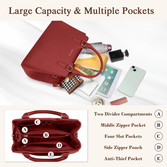 Women Red PU leather Top-Handle Waterproof Anti Theft Leather Purse Handbag - Picture 3 of 7